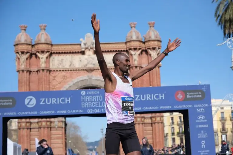 2025 winner of the Barcelona Marathon, Tesfaye Deriba after crossing the finish line