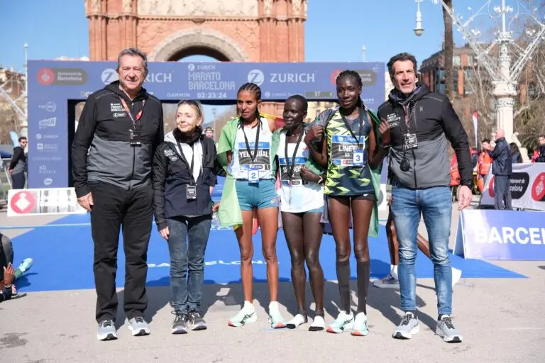 Top three female runners at the 2025 Barcelona Marathon: Yebrgual Melese, Sharon Chelimo, and  Linet Masai