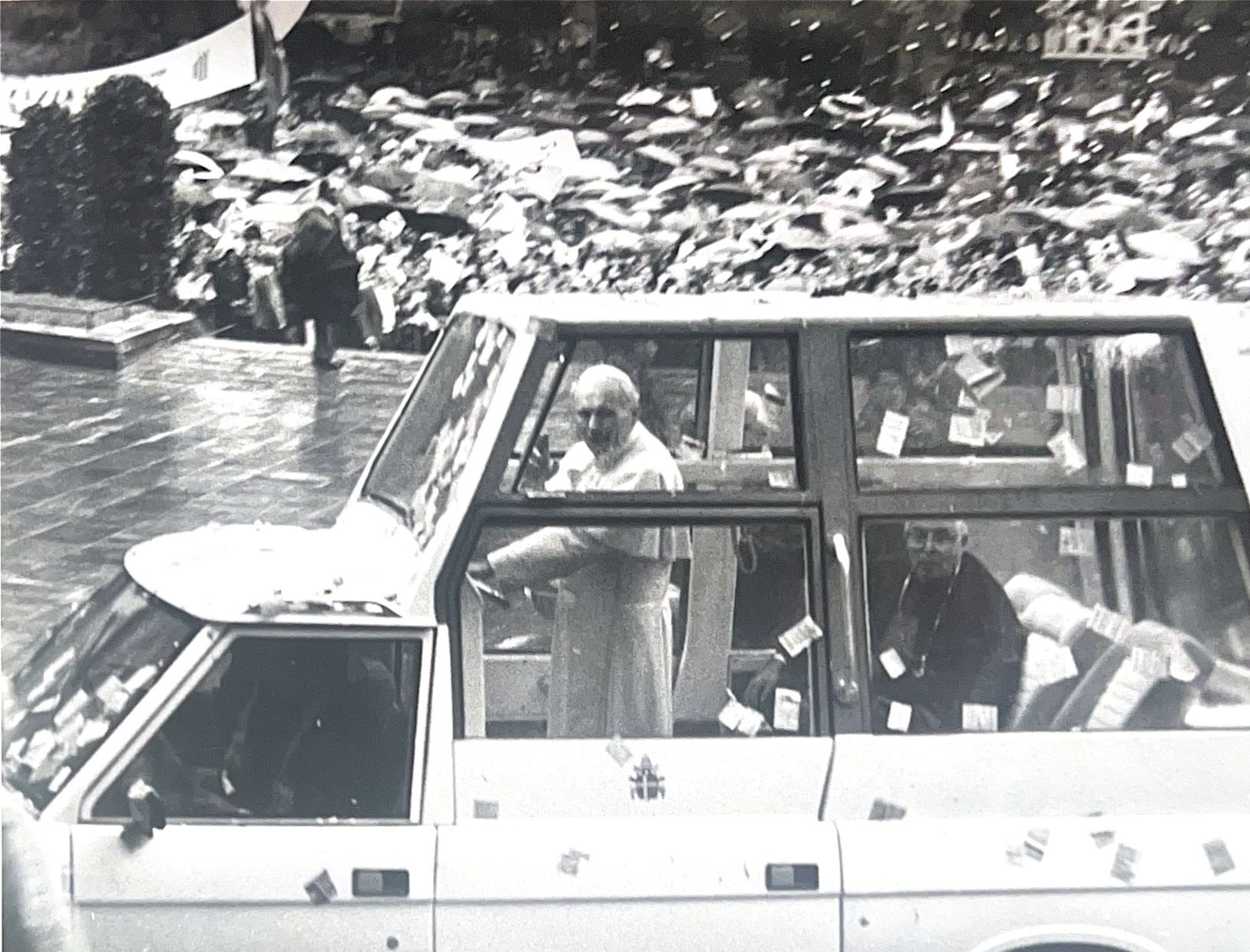 Pope John Paul II, in the popemobile, drives through the streets of Barcelona ??during his visit in November 1982
