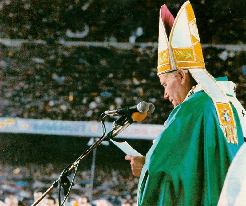 Pope John Paul II speaks at the Camp Nou during his visit to Barcelona in November 1982