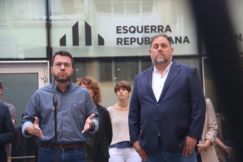 Catalan president Pere Aragonès and Esquerra party president Oriol Junqueras