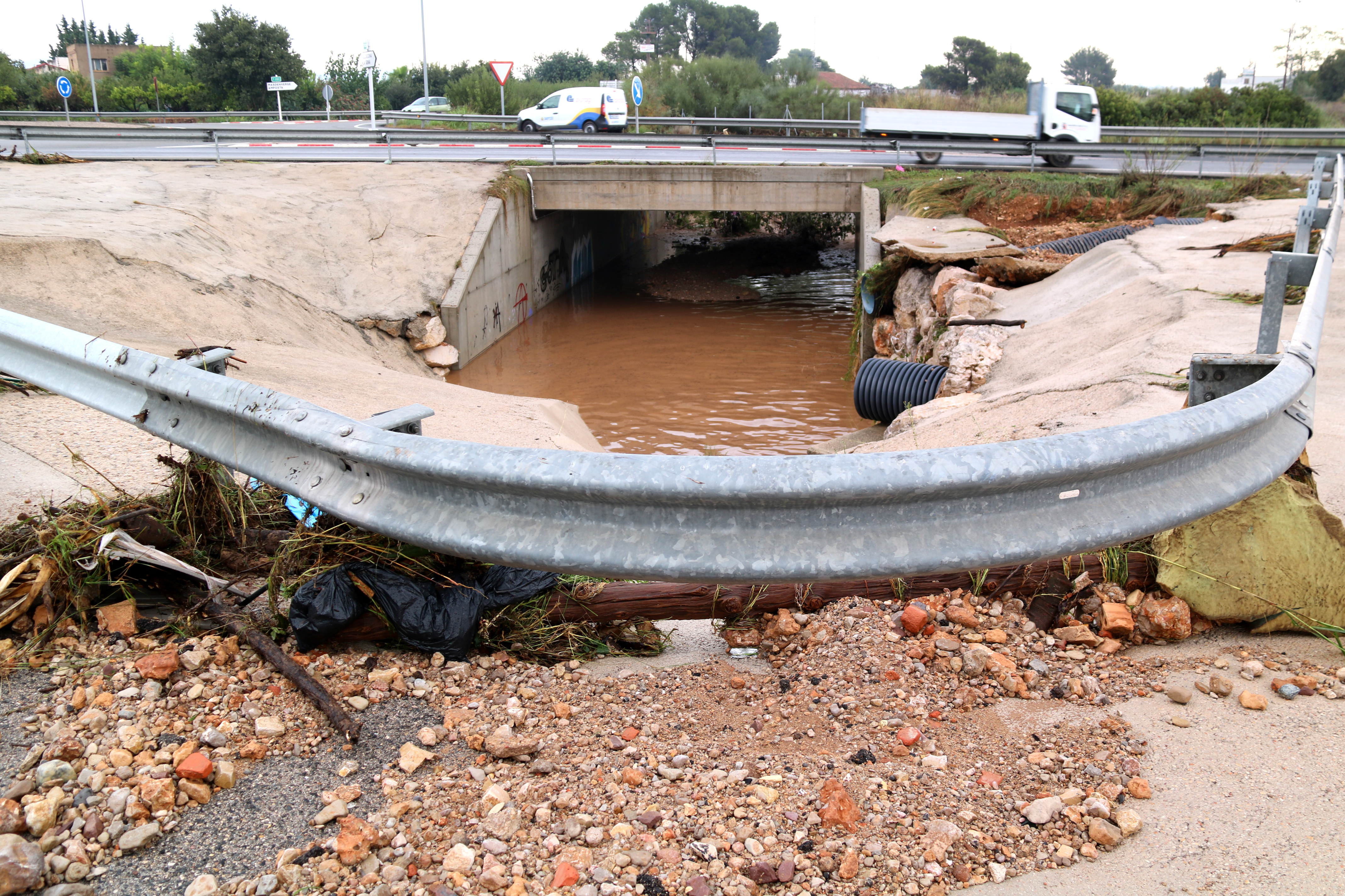A road in Santa Bàrbara in the south of Catalonia after torrential rain on October 13, 2025