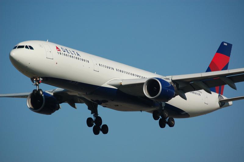 A Delta aircraft landing in Amsterdam