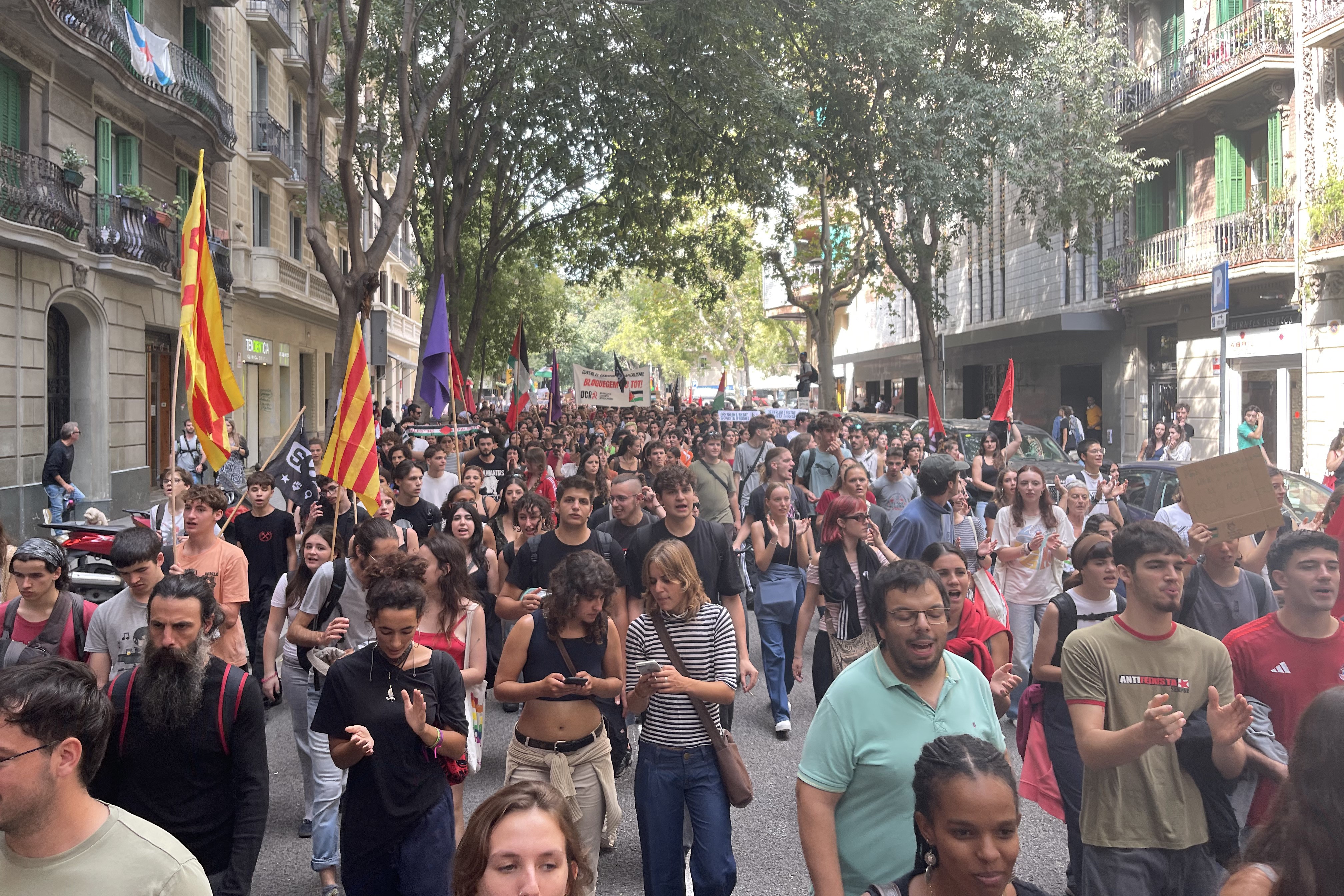 Thousands of students rally in Barcelona city center on October 3, 2025, after Israel intercepted the Gaza humanitarian flotilla