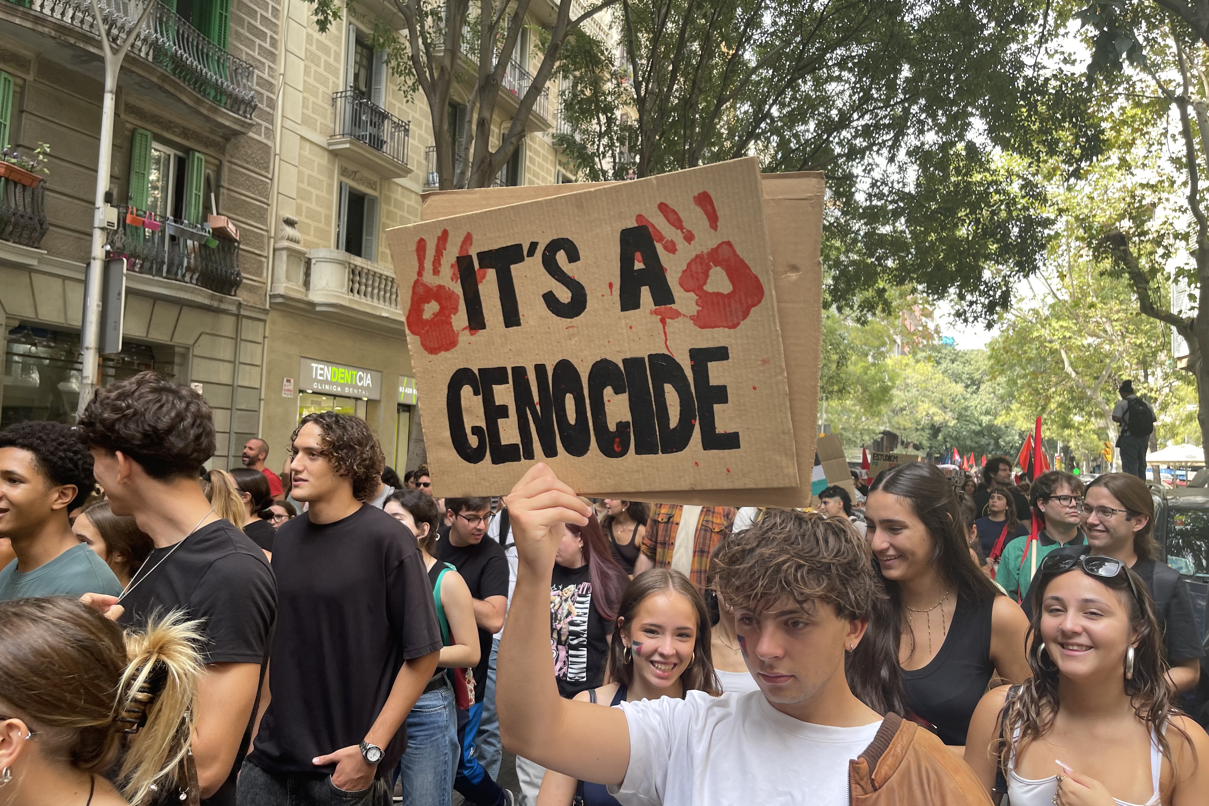 Some chants against Israel during a demonstration in Barcelona on October 3, 2025 include: 'It's a genocide'