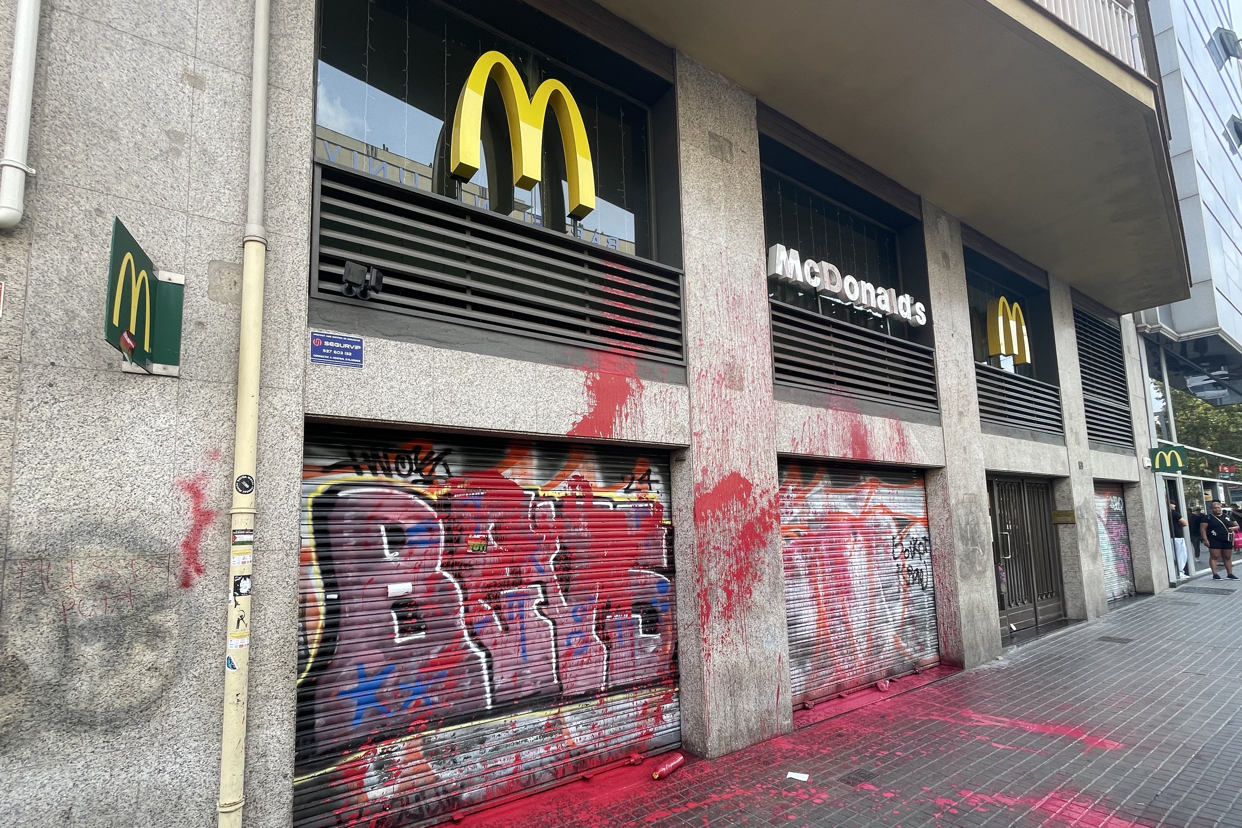 A McDonald's restaurant in Barcelona with red paint after a students demonstration against Israel and in favor of Palestine on October 3, 2025