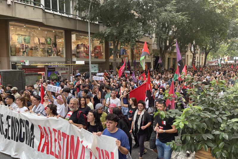 Thousands of students demonstrate in Barcelona city center on October 3, 2025, after Israel intercepted the Gaza humanitarian flotilla