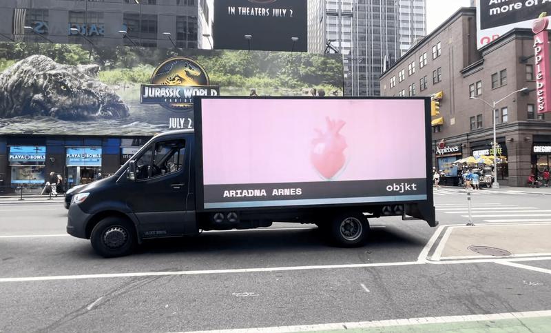 Catalan photographer Ariadna Arnés' artwork 'The silent beat' exhibited on a driving van across Manhattan streets in New York