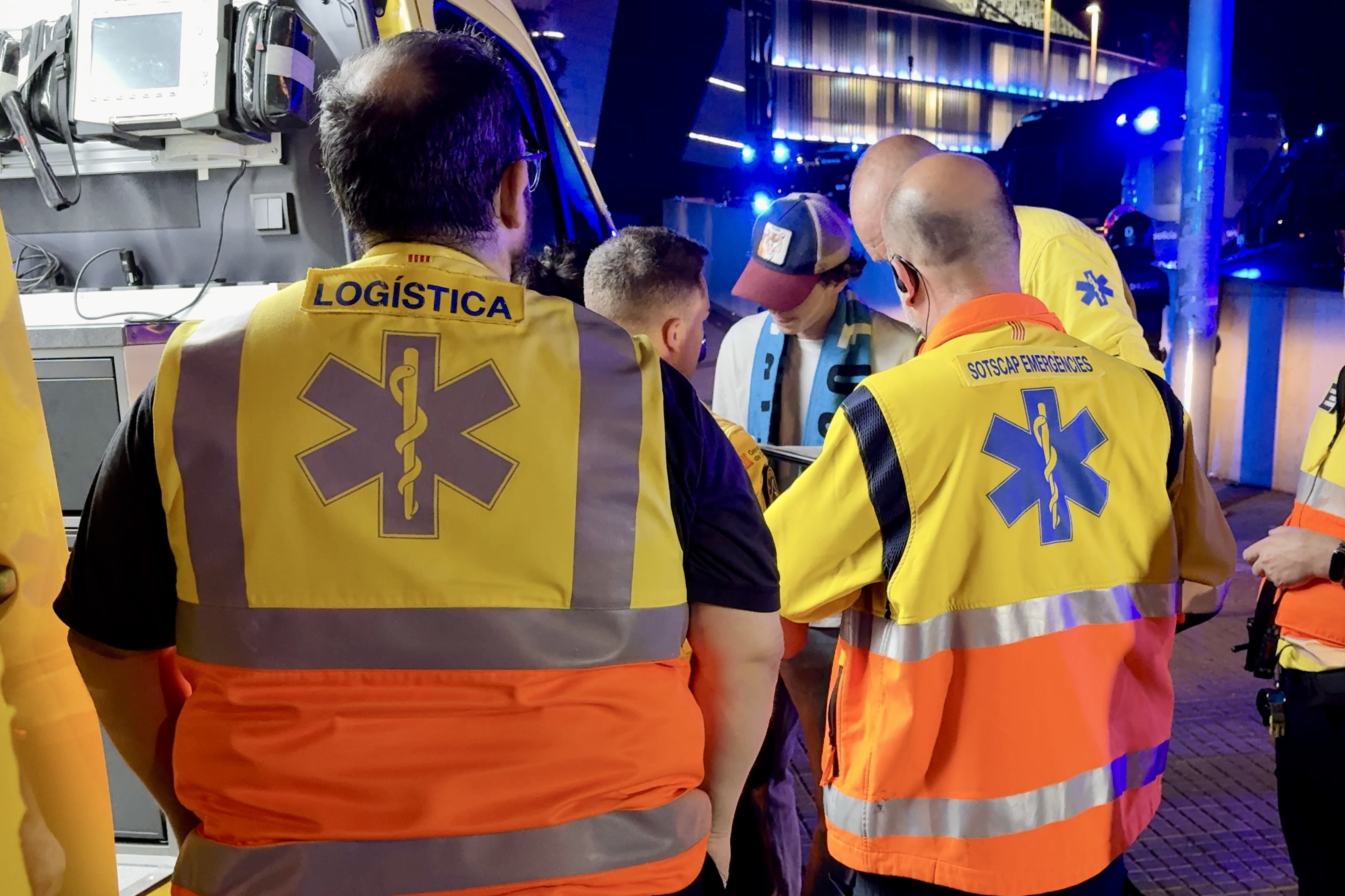 A Catalan health emergency unit outside the RCDE Stadium after a car drives into the crowd before the Espanyol-Barça derby on May 15, 2025