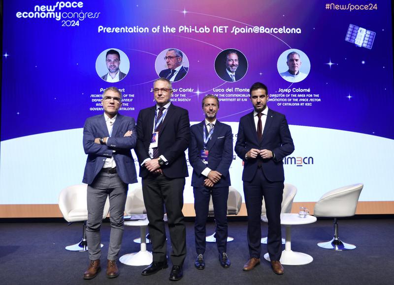 Presentation of the Phi-Lab Spain@Barcelona with Pol Gibert, labor secretary, Spain's Space Agency director Juan Carlos Cortés, ESA's head of commercialization Luca del Monte, and Josep Colomé from the Catalan Space Study Institute on October 1, 2024