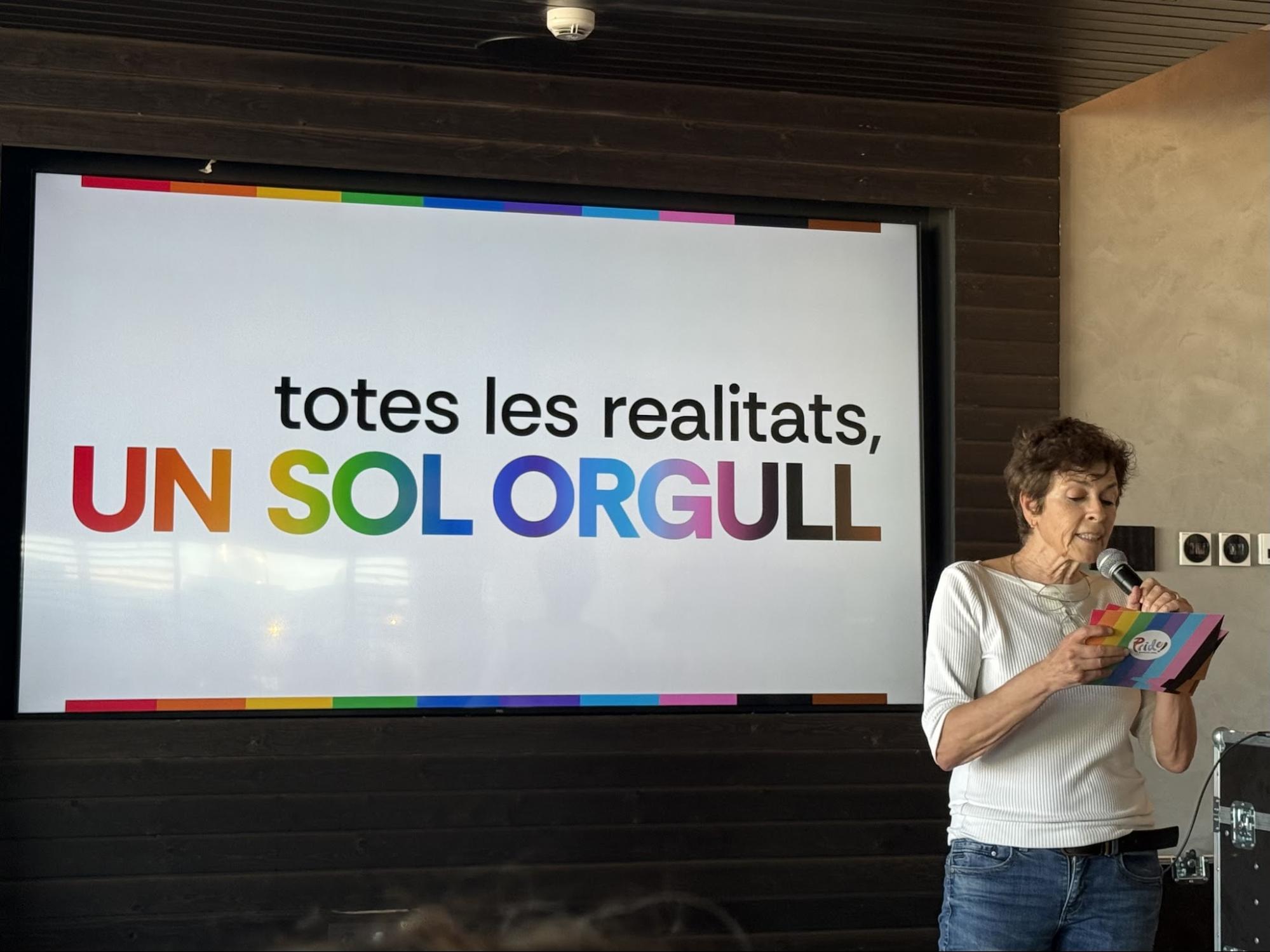 Maria Giralt, Pride Barcelona representative, presenting the 2026 theme