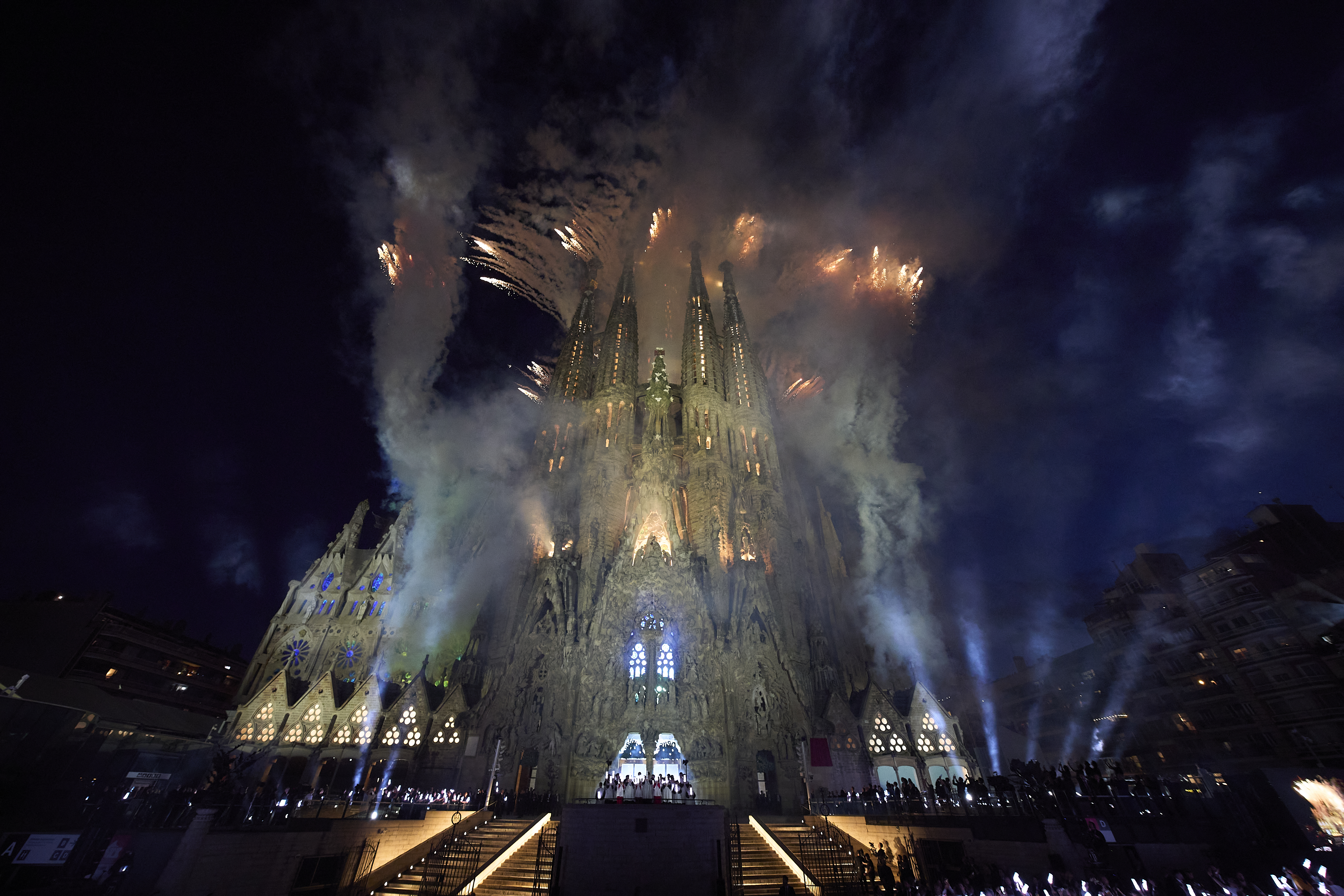Fireworks at the top of the Sagrada Família during the Pope's blessing ceremony for the Tower of Jesus