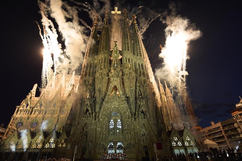 The Sagrada Família lit up by fireworks during celebrations following the Pope’s blessing of the Tower of Jesus