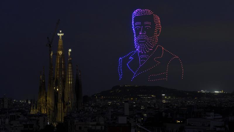 Antoni Gaudí's face formed by drones in the Barcelona sky beside the Sagrada Família during the Pope's blessing of the Tower of Jesus