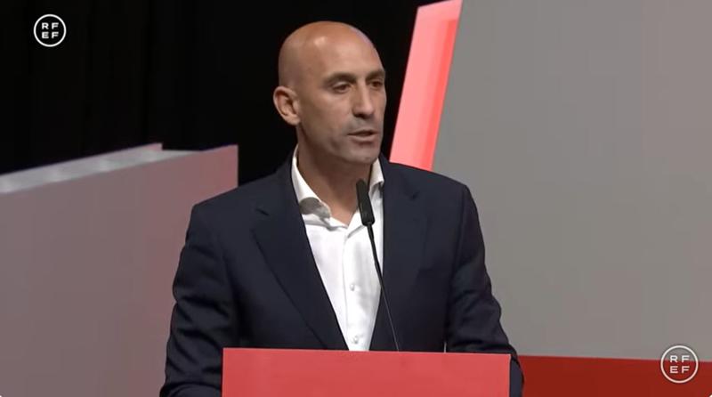 Luis Rubiales speaks at the Spanish Football Federation's EGM on Friday, August 25