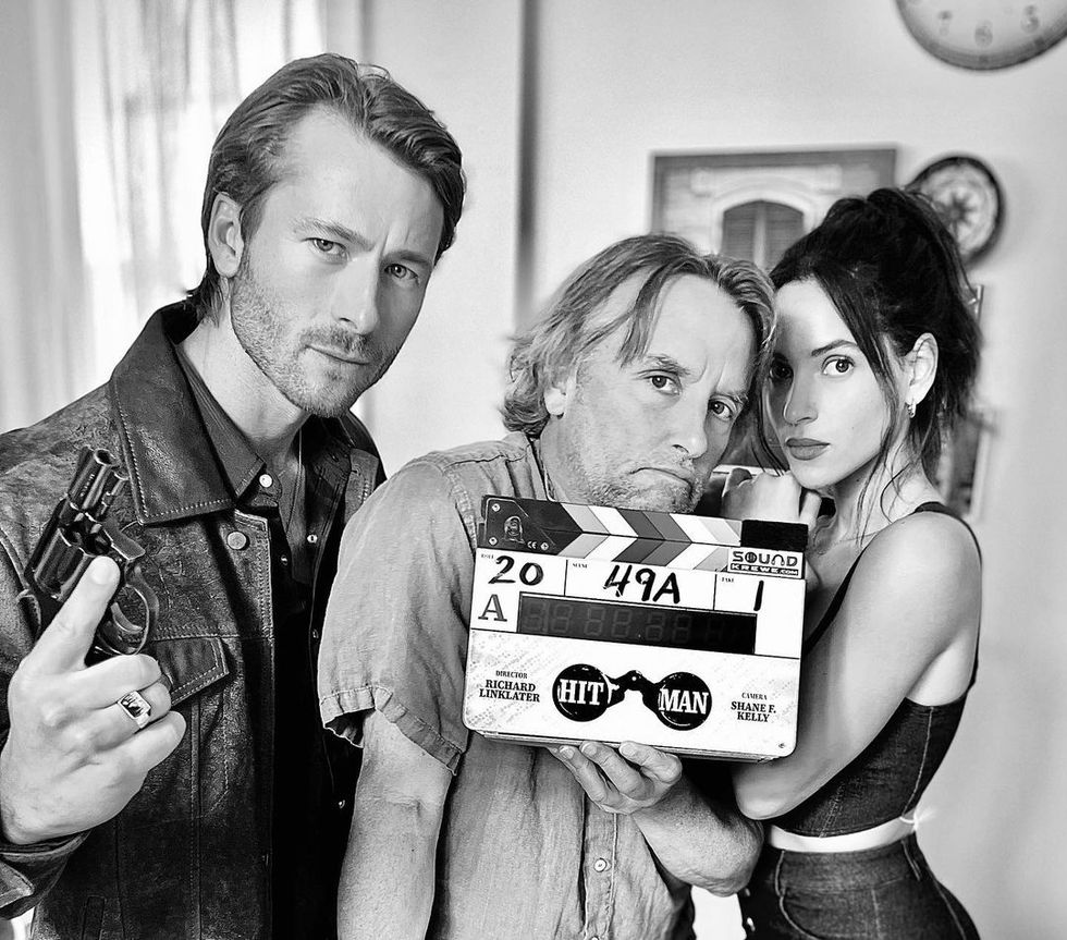 Richard Linklater on the set of 'Hit Man' with Glen Powell and Adria Arjona