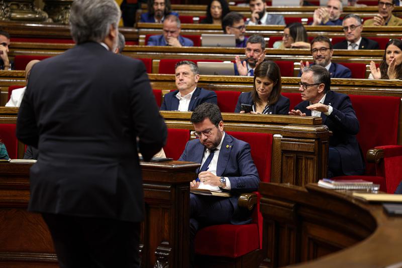 Junts' parliament head Albert Batet speaks in the chamber during the 2023 general policy debate