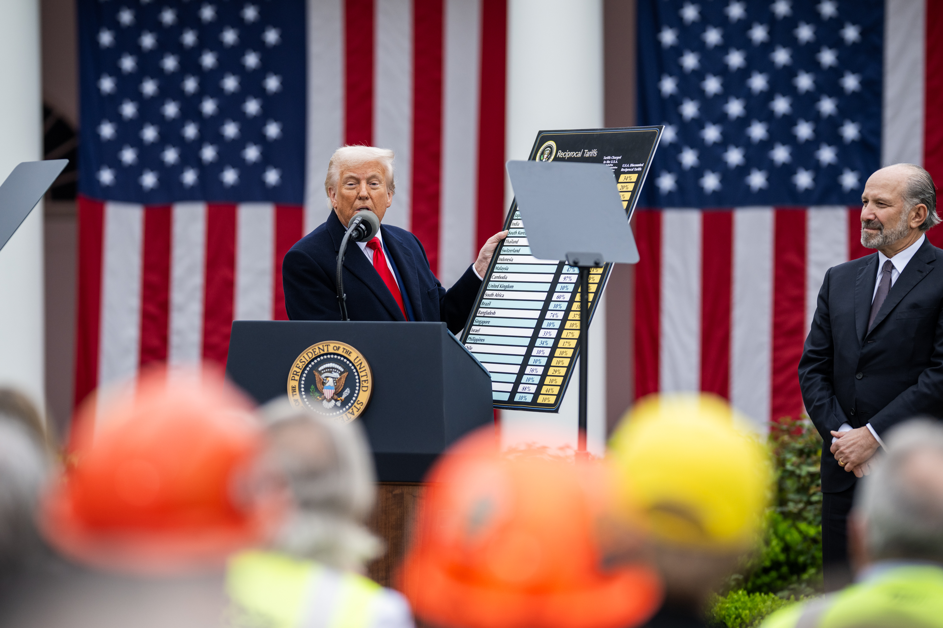The President of the United States, Donald Trump, shows a poster with the tariffs he will impose on various countries