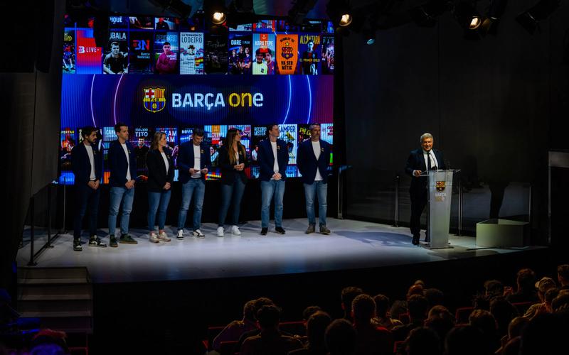 FC Barcelona president Joan Laporta speaks during the presentation of the Barça One streaming platform on April 4, 2024