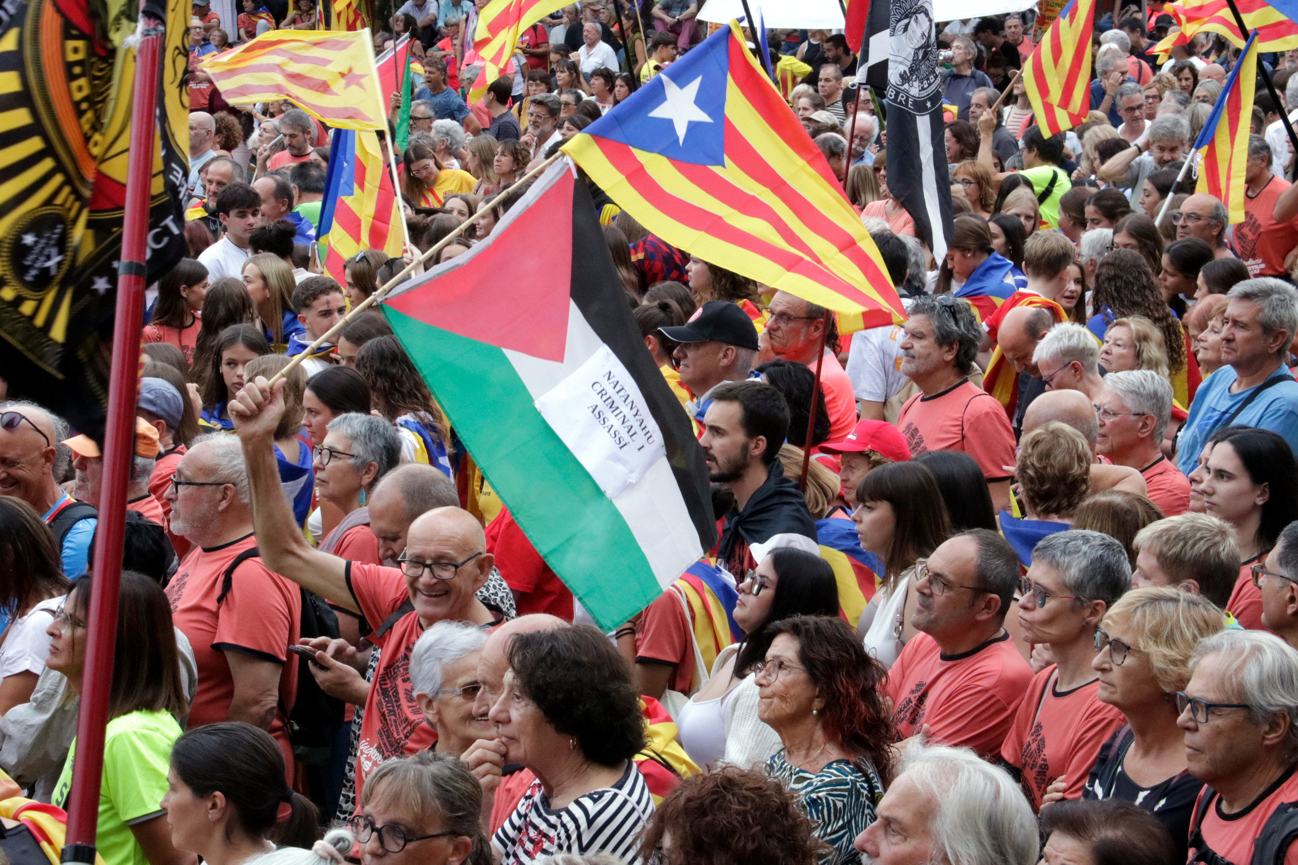 Pro-independence estelada flags and a Palestinian flag at the Girona demonstration