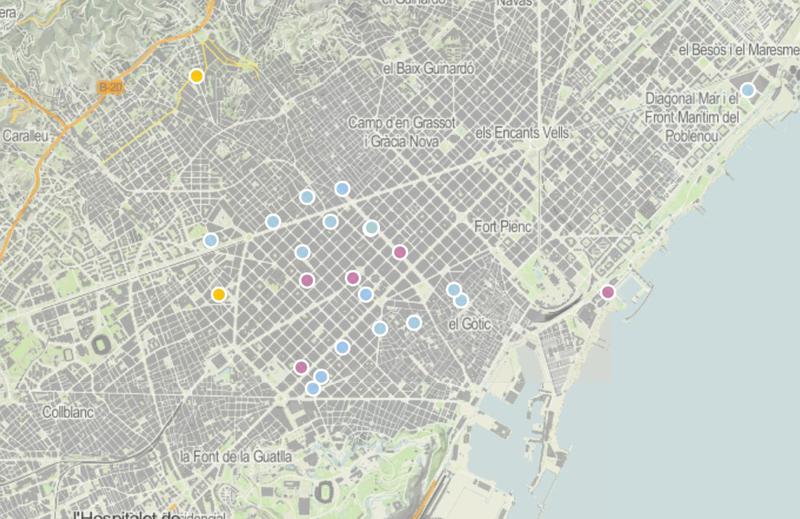 Section in Barcelona of a map containing all the Michelin-starred restaurants in Catalonia for 2023