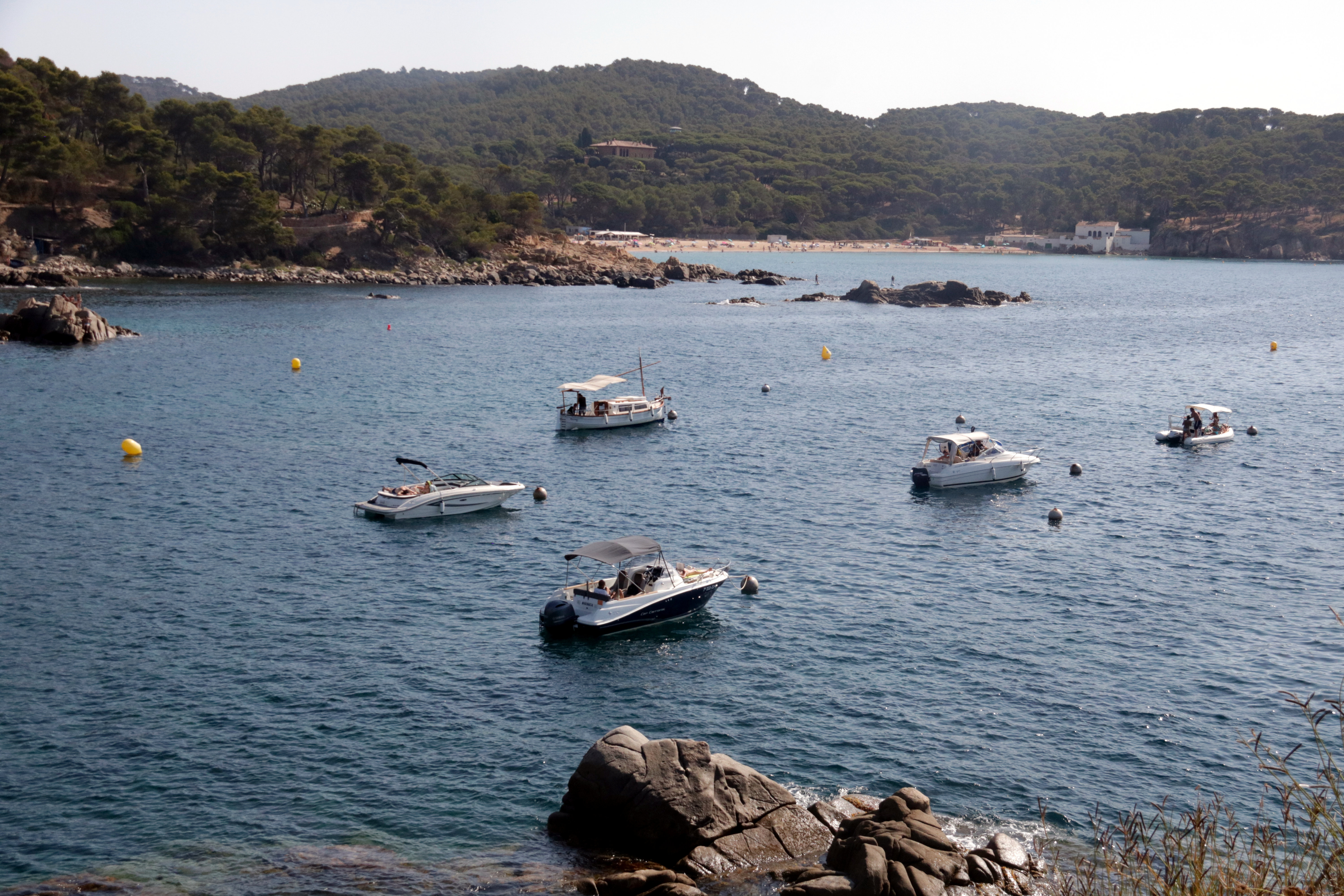 Five boats in a buoy field in Palamós