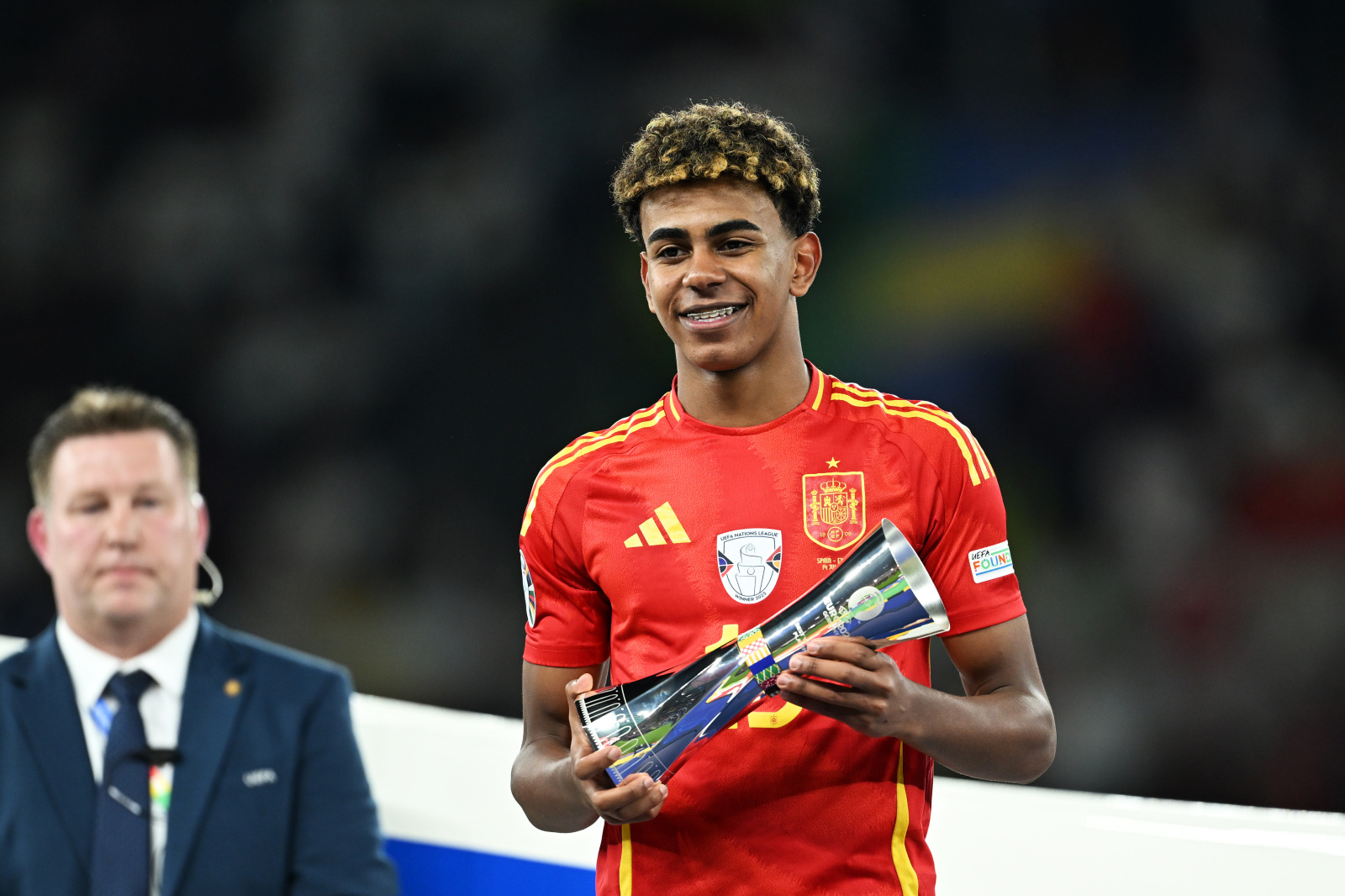 Lamine Yamal of Spain poses for a photo after being awarded 'Best Young Player' after the UEFA EURO 2024 final match between Spain and England at Olympiastadion on July 14, 2024 in Berlin, Germany.