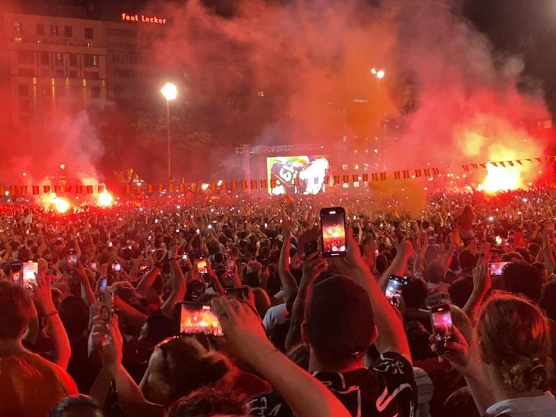 Thousands watch the EURO 2024 final between Spain and England at Barcelona's Plaça Catalunya on July 14. 