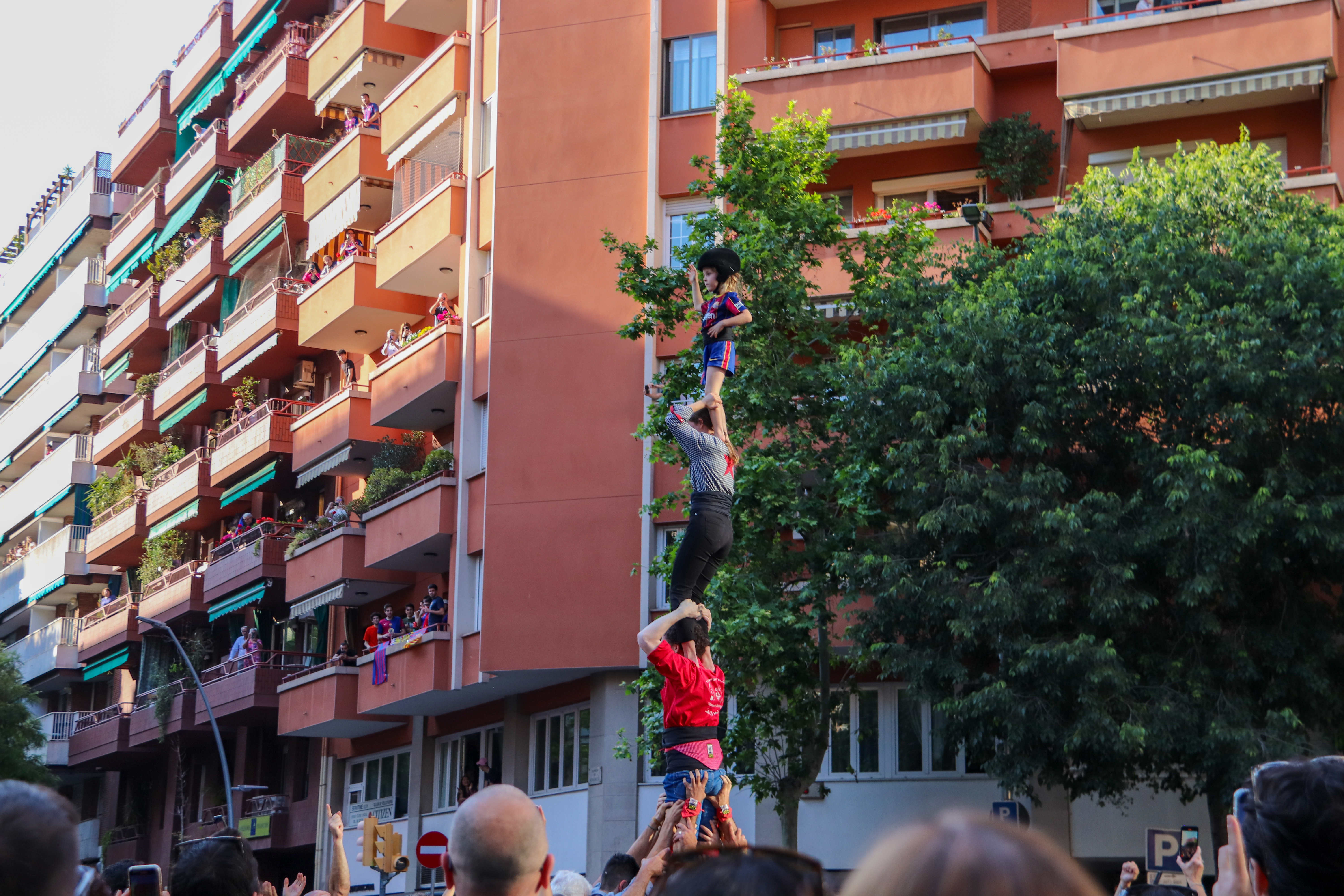 An 'castell' human tower performed at the parade to celebrate FC Barcelona's 2024/25 titles