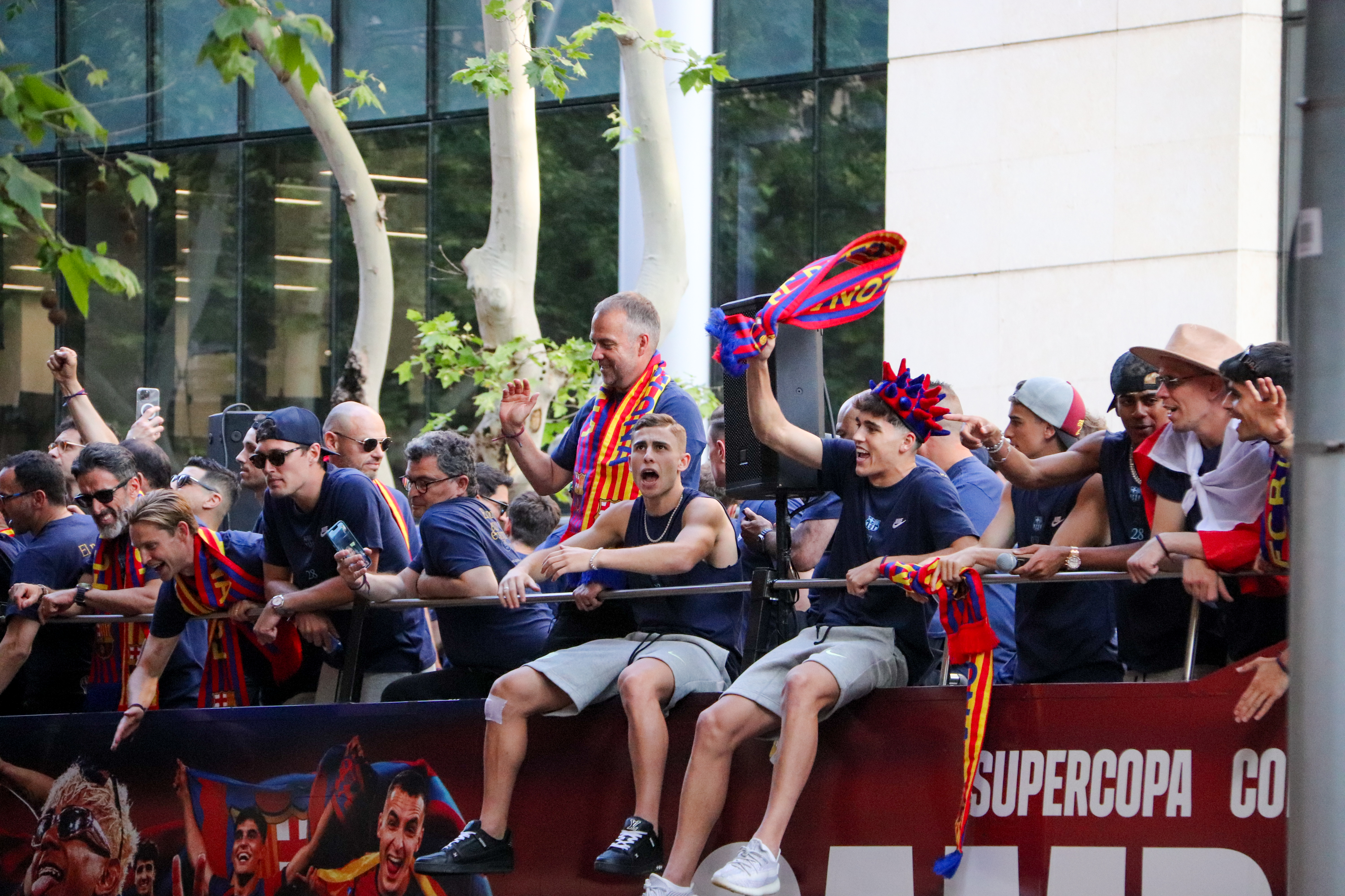 FC Barcelona players celebrating during the parade for the club's 2024/25 La Liga and Copa del Rey titles