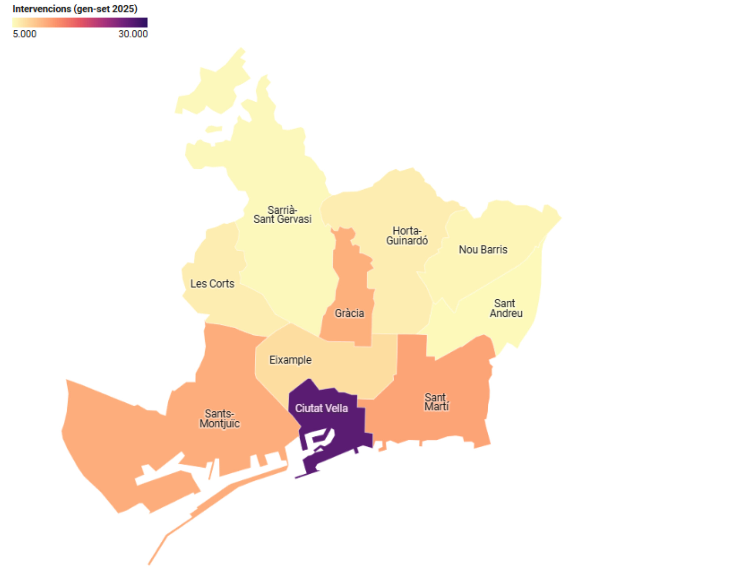 District map of Barcelona – cleaning actions Jan–Sep 2025