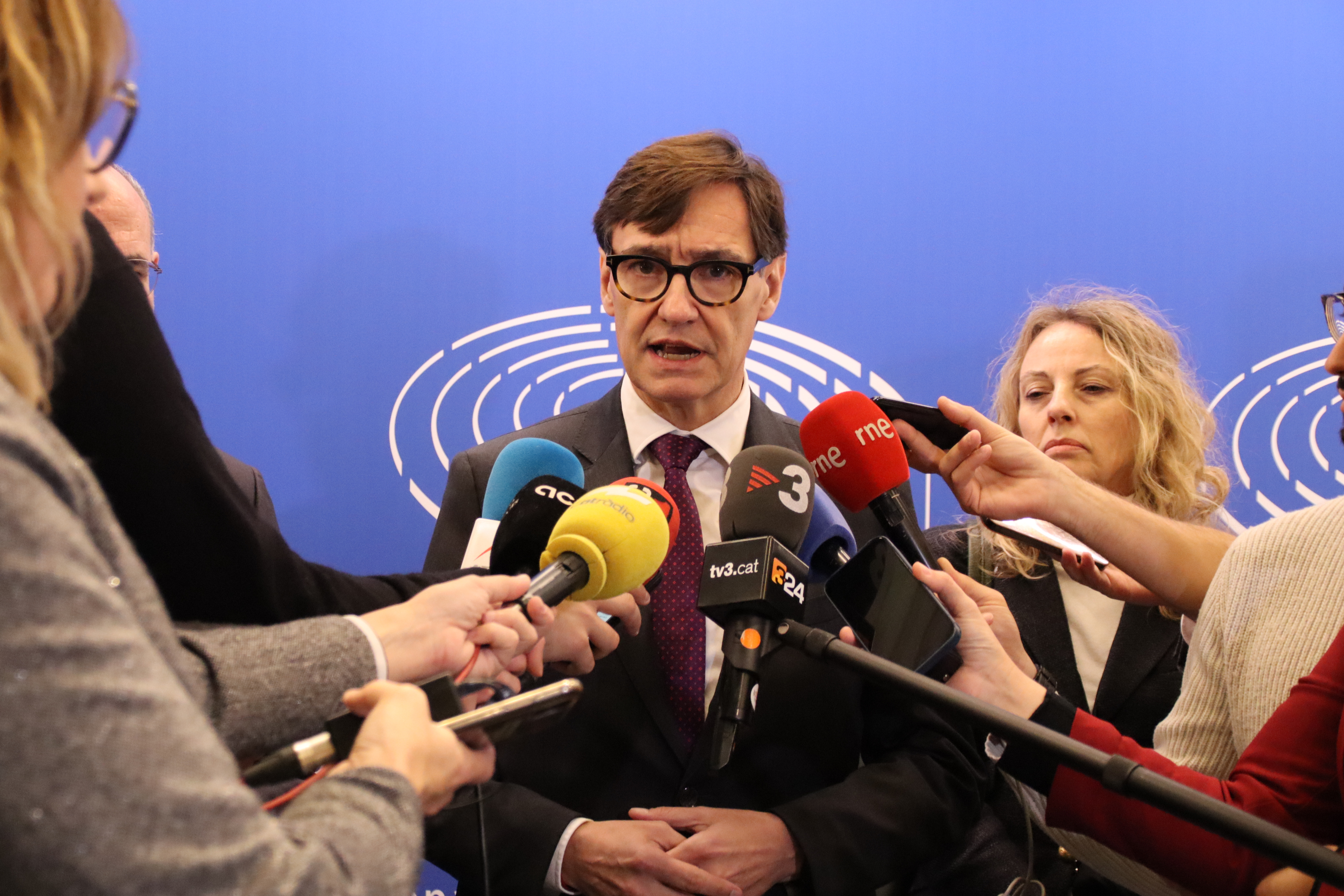 Catalan president, Salvador Illa, addresses media at the European Parliament