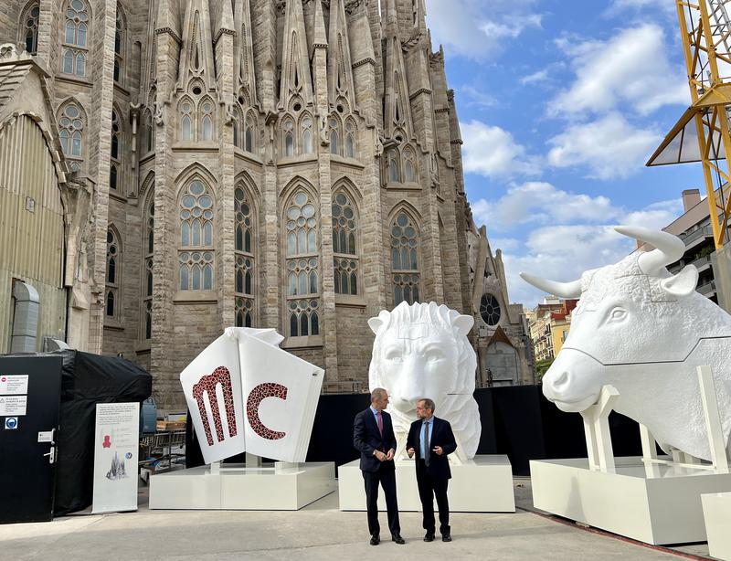 Image of the sculptures that will top towers dedicated to Evangelists Luke and Mark at Sagrada Família, Barcelona's unfinished basilica