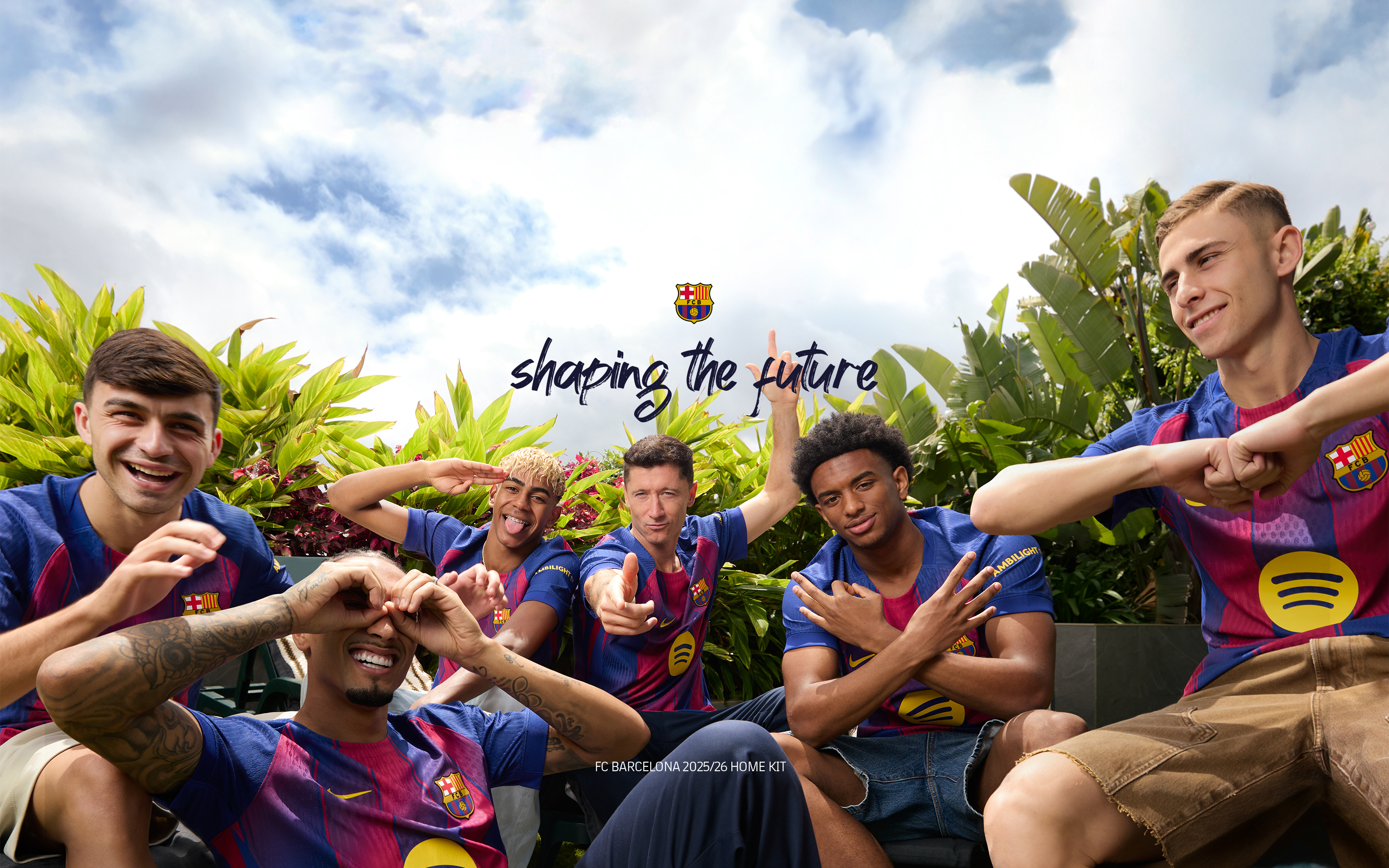 FC Barcelona players pose in their new 2025/26 shirt
