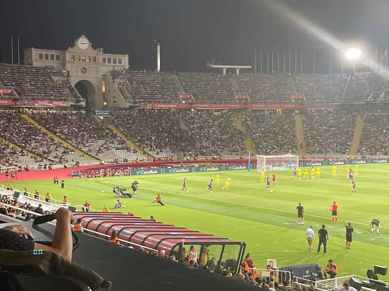 Fans behind the goal in the Olympic stadium in Monjtuïc during a Barcelona match