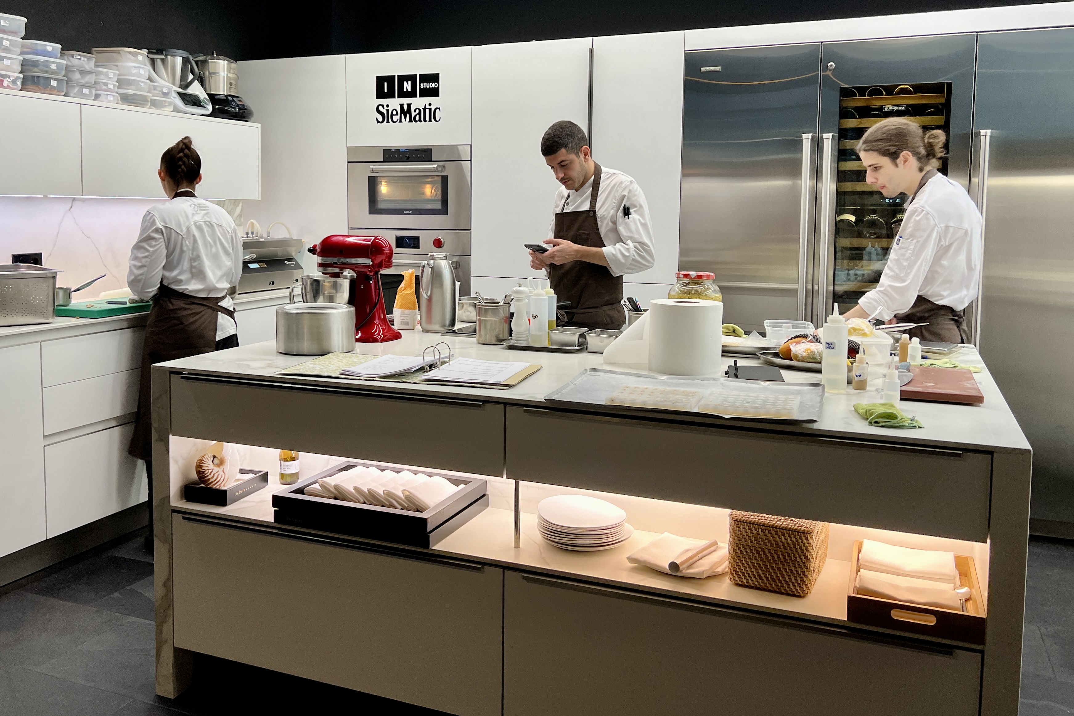 The Creative Room or R&D room at Disfrutar restaurant with some chefs preparing new recipes, they plan to deliver around 80 new dishes per year