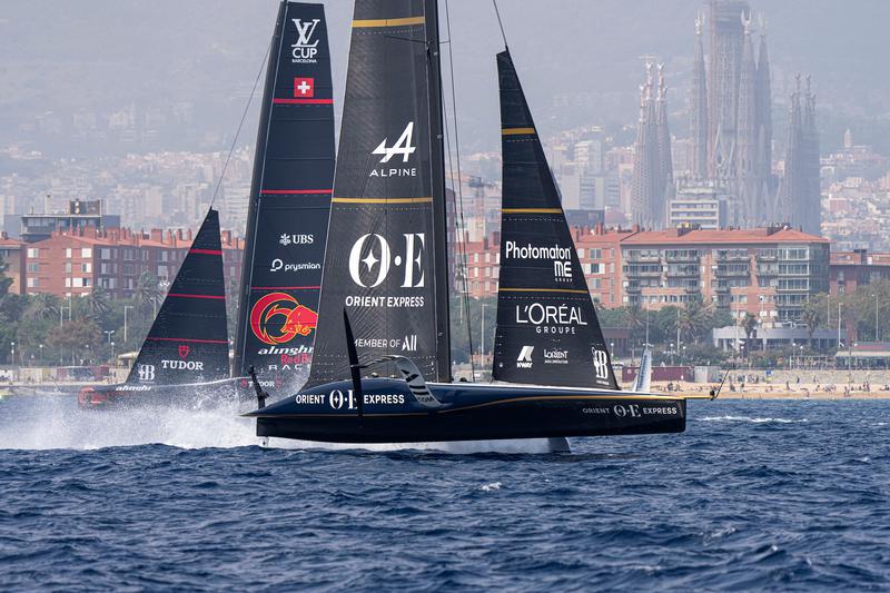 The French sailing team faces the Swiss team during the first day of races of the America's Cup in Barcelona on August 22, 2024