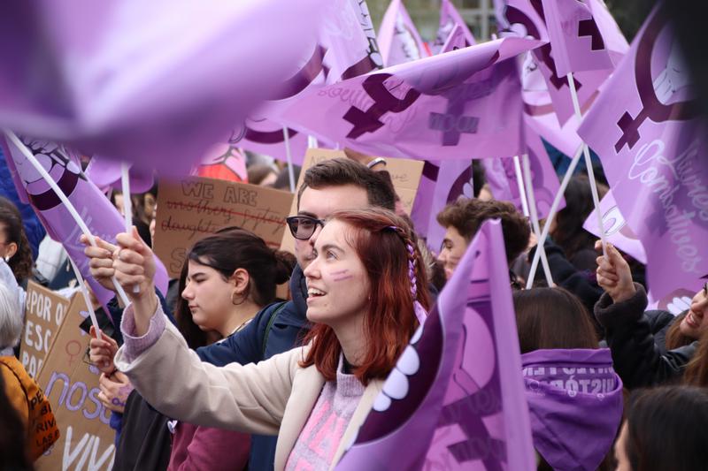 Several demonstrators at a protest ahead of the 2025 International Women's Day in Barcelona