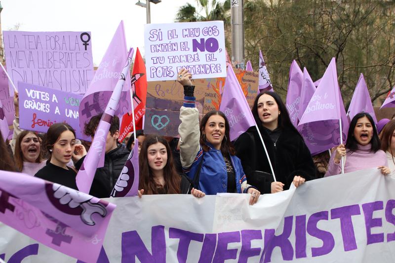 Students demonstrate in Barcelona ahead of the 2025 International Women's Day on March 7, 2025