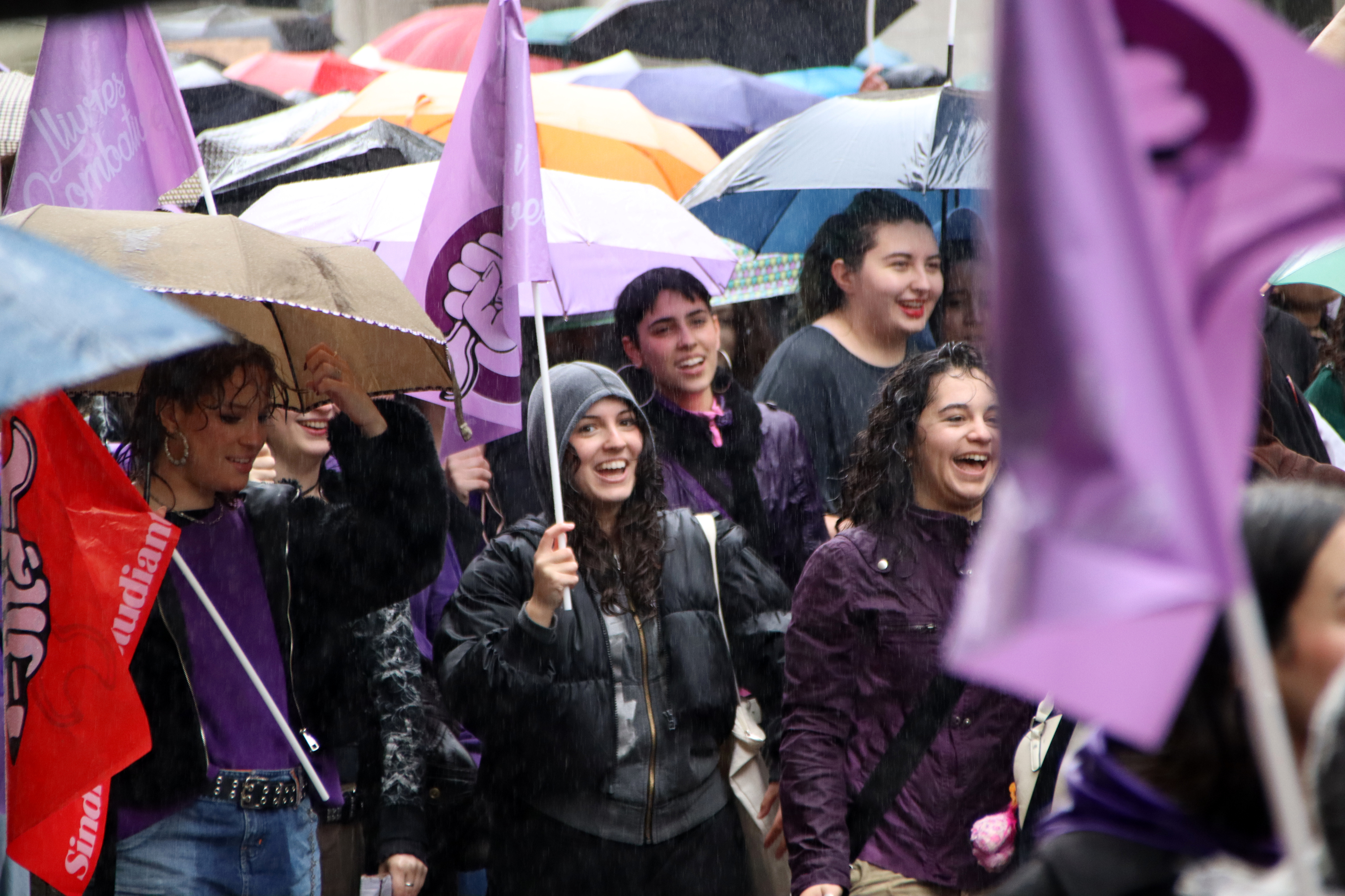 Students demonstrating during a rally ahead of the 2025 International Women's Day in Barcelona on March 7, 2025