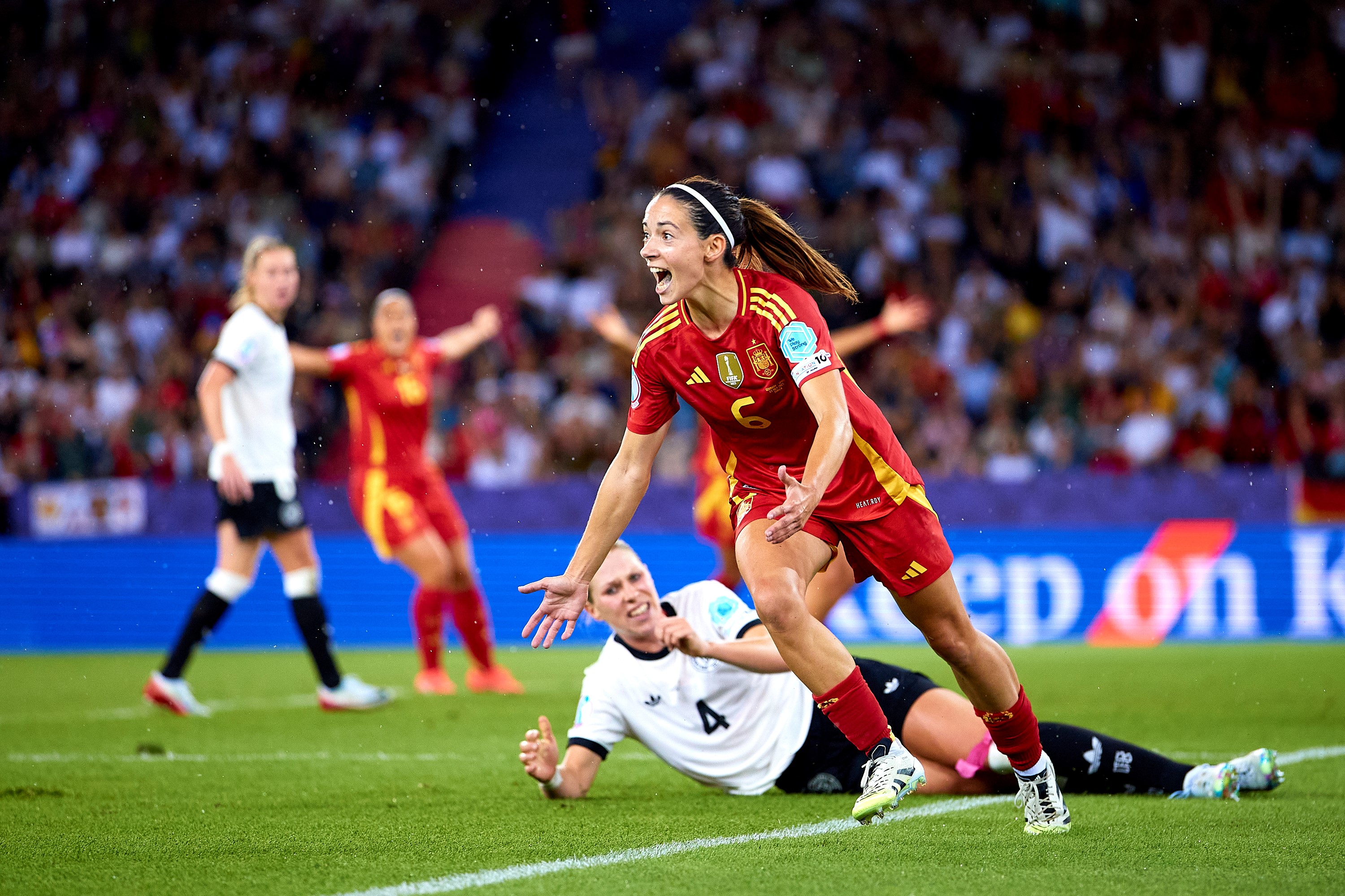 Aitana Bonmatí reels off in celebration after scoring the only goal of the game in Spain's European Championships semi-final victory over Germany