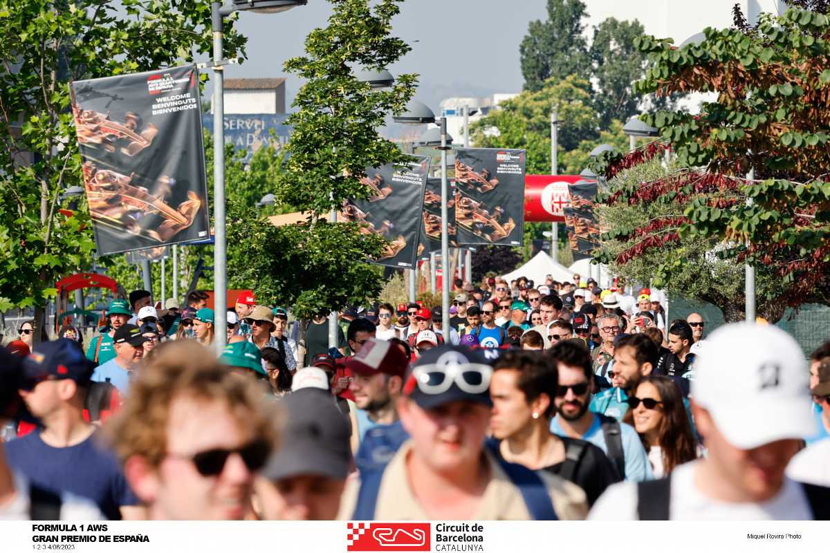 F1 fans arriving at the Circuit de Barcelona-Catalunya during the 2023 Spanish Grand Prix