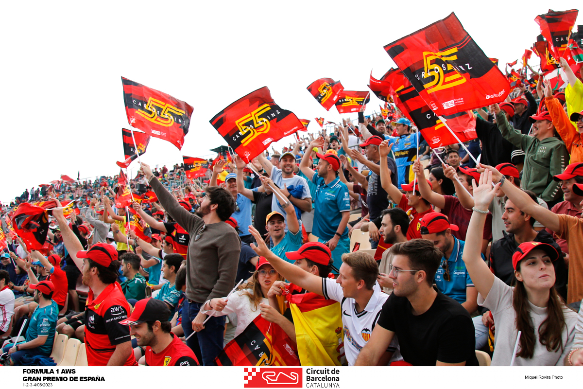 F1 fans at Circuit de Barcelona-Catalunya during the 2023 Spanish Grand Prix