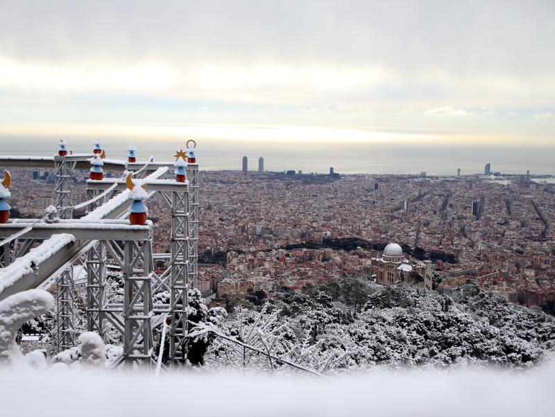 Snow in Barcelona as seen from the viewpoint at Tibidabo