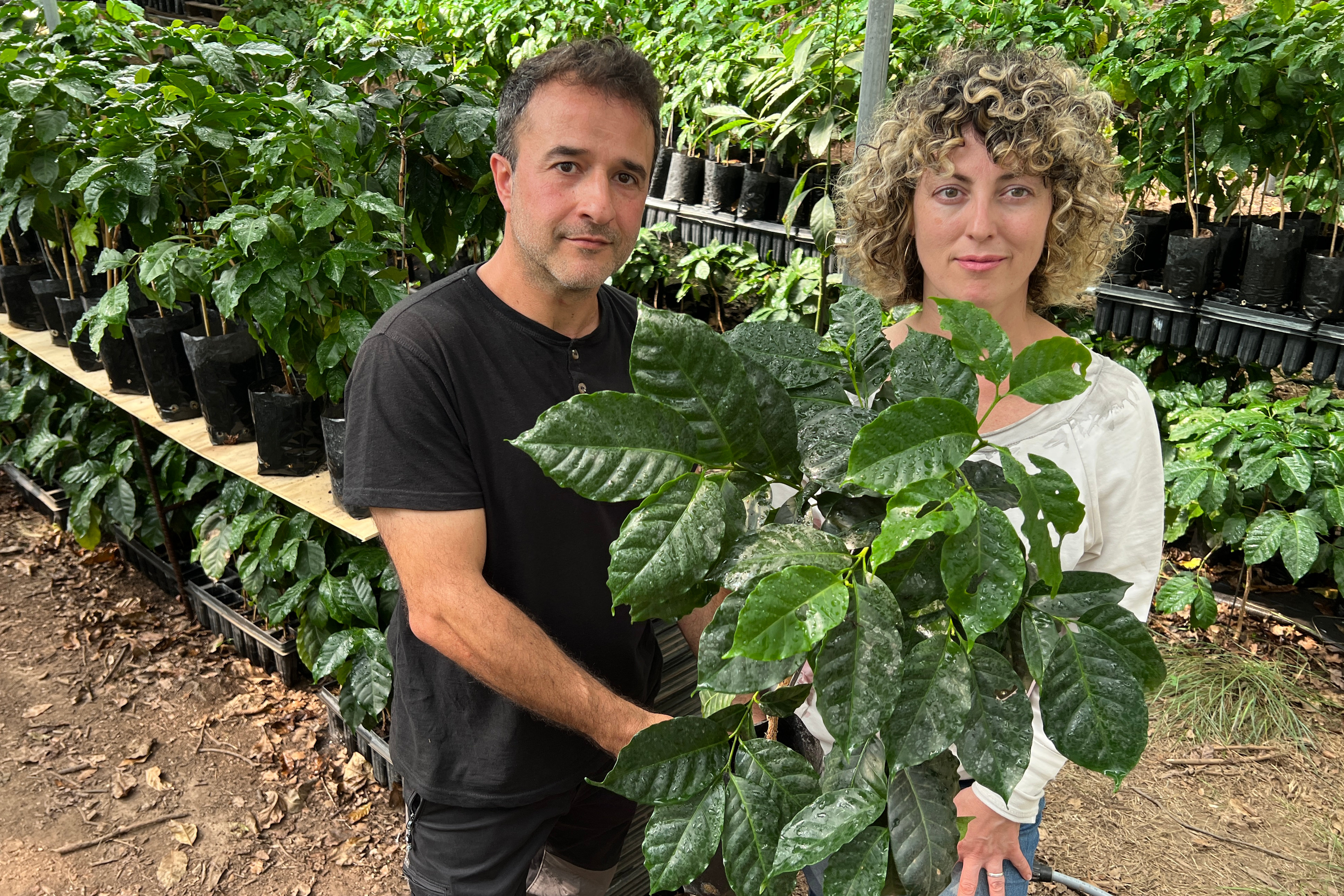 Joan and Eva with a coffee plant.