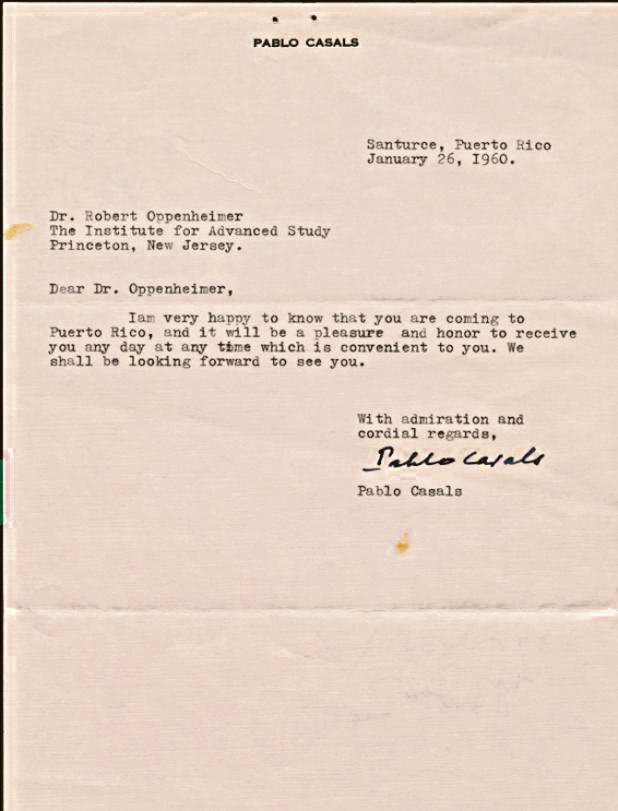 Letter by Pau Casals to Robert Oppenheimer