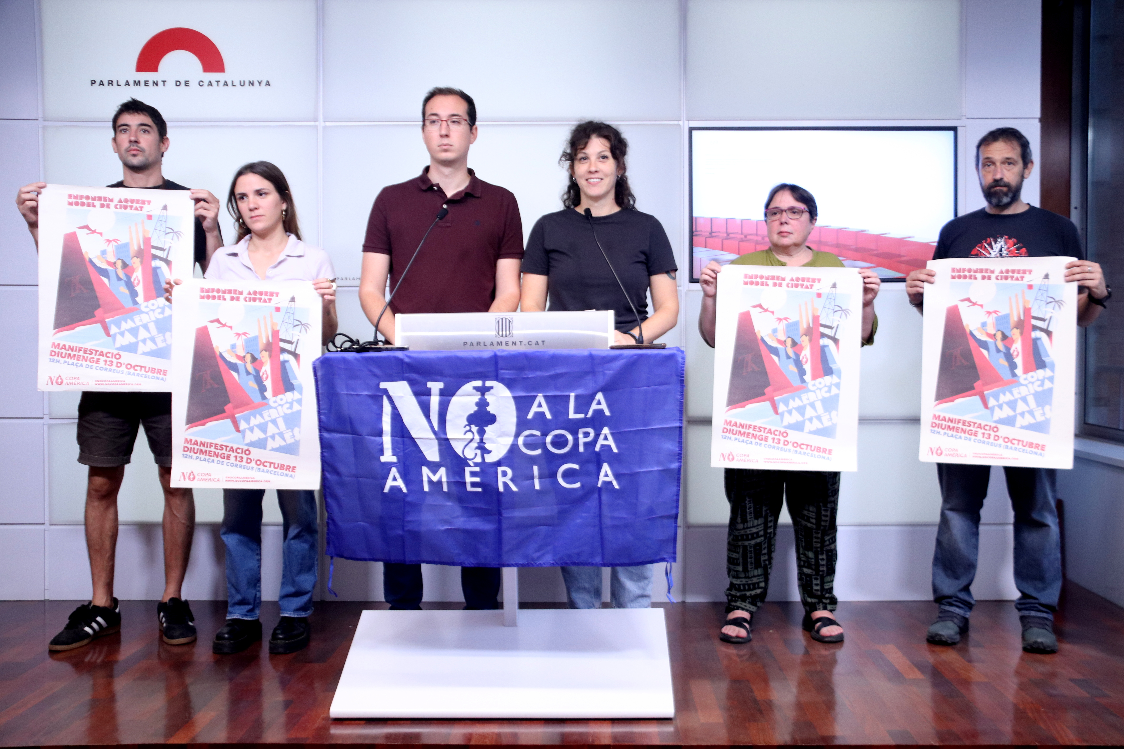 Members of the No to the America's Cup sailing competition at a press conference in Parliament.