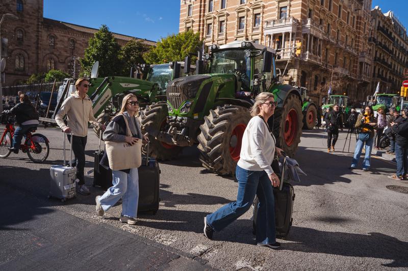Tourists with suitcases walk across a zebra crossing in between tractors