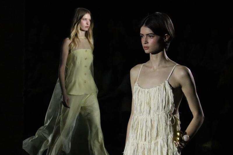 Models wearing clothes by the Simorra brand during a catwalk at the 080 Barcelona Fashion