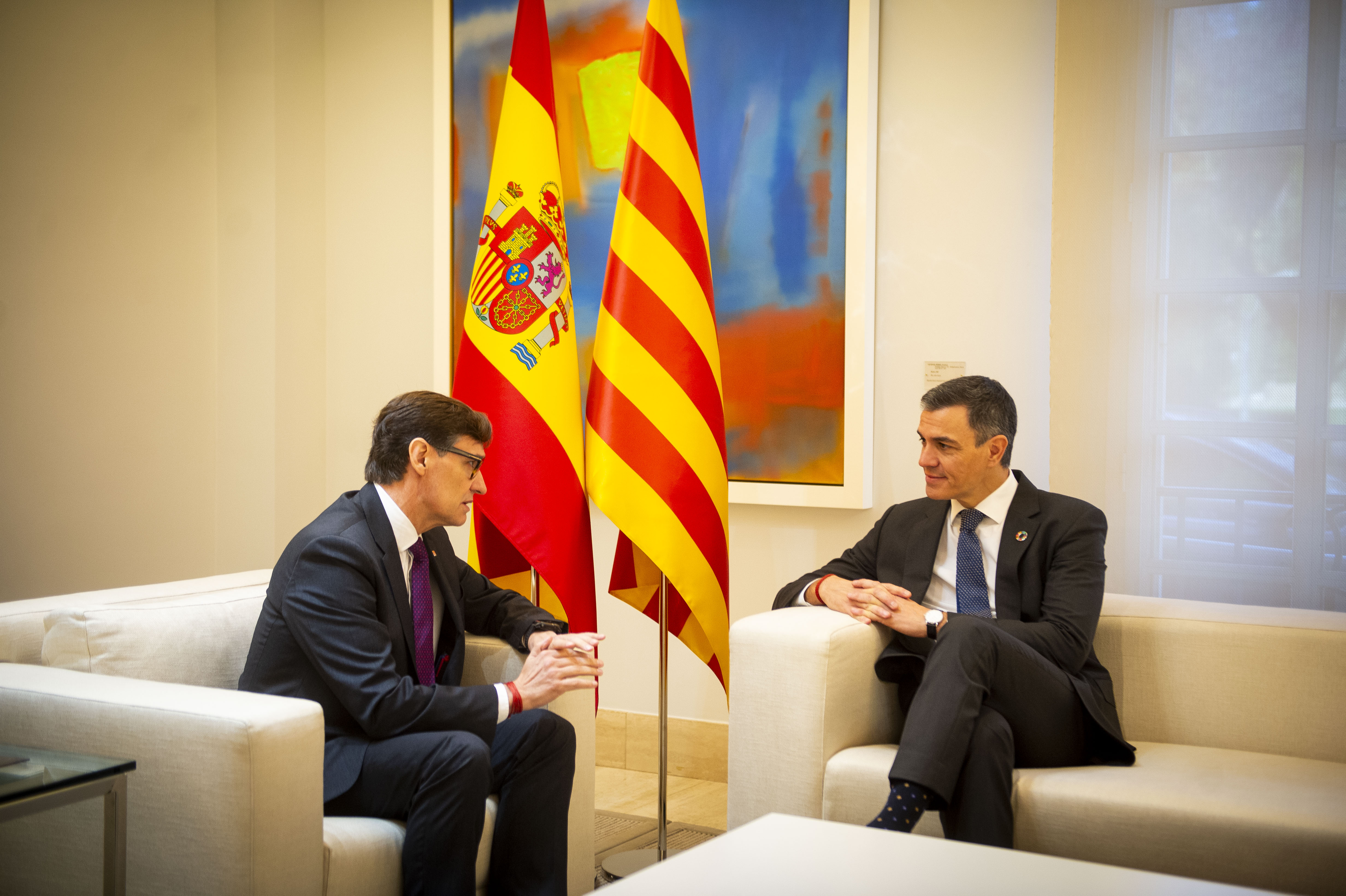 Catalan president Salvador Illa and Spanish PM Pedro Sánchez during a meeting in La Moncloa, Spain's government headquarters in Madrid, on November 22, 2024